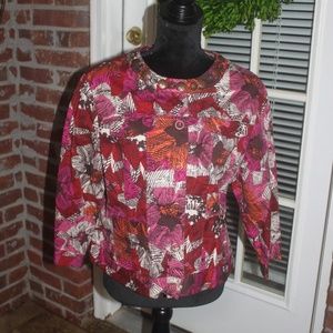 Ruby Rd short jacket rose brown orange white floral print 3/4 slv snaps 12 EUC …